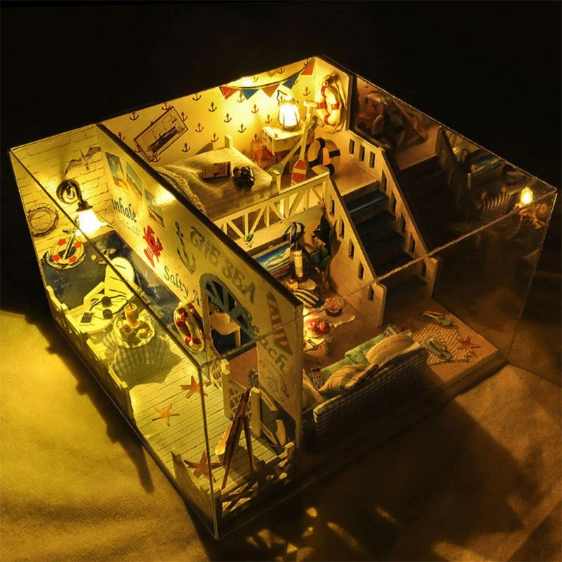 

1Set DIY Mini Dollhouse with Furniture Oceans of Love Mininatures Room with Dust Proof Cover Adults Children Handmade Gifts