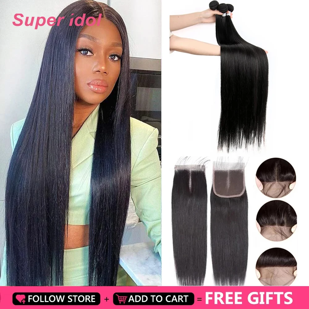 Bone Straight Hair Bundles With Closure Brazilian Human Hair Weave Bundles With 4x4 Lace Closure Human Remy Hair Sale For Women