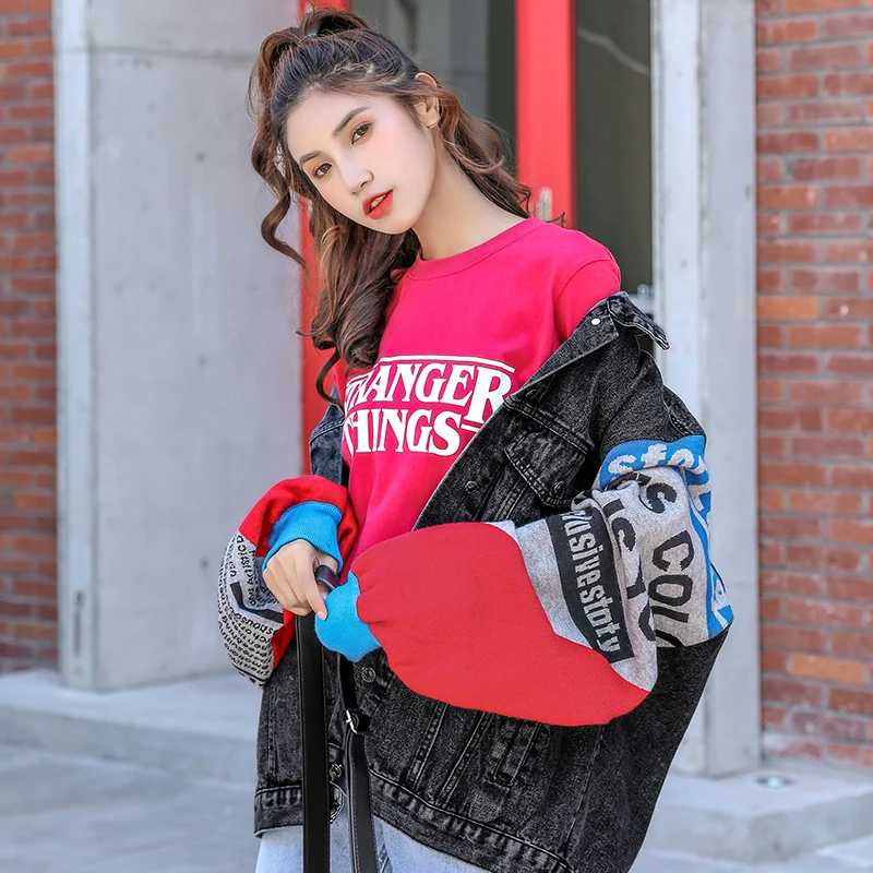 

куртка женская Splicing Denim Jacket Women Letter Print Korean Casual Single-Breasted Long-Sleeved Coat Tops Fashion Streetwear