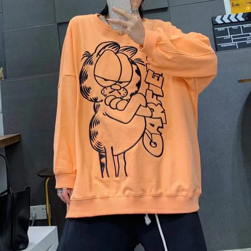 

Plus Sweatshirt Women's Loose Korean Style Mid-Length with Embroidery Cartoon Trendy Spring and Autumn 2021