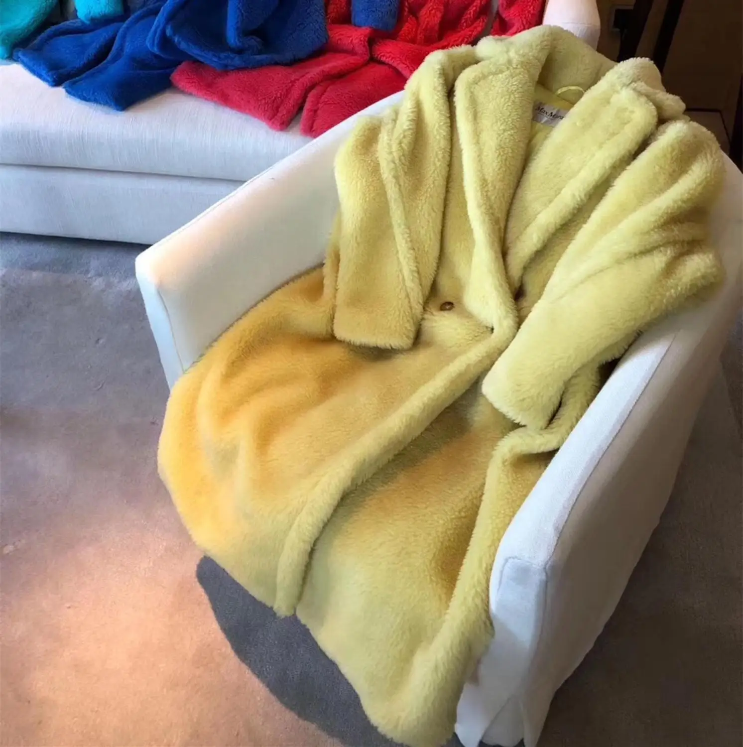 yellow Пальто из натурального меха альпаки, Женское зимнее пальто с воротником, длинное натуральное меховое пальто с мишкой Тедди, Женское пальто, натуральный жакет из меха - Цвет: yellow