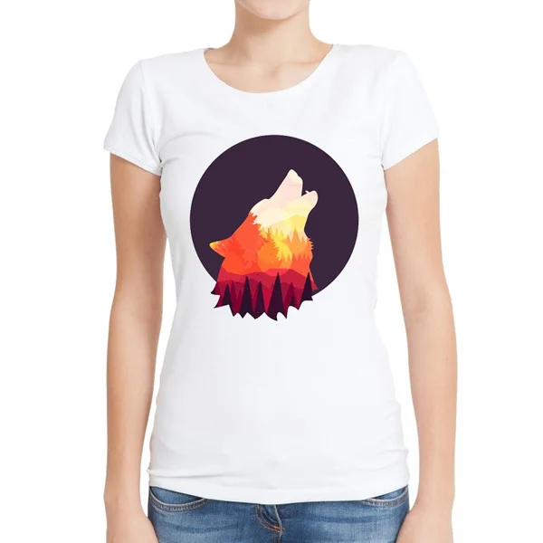 

2018 Women New Fashion Wolf in the Shadow Printed Short Sleeve T-shirt Lady Fantastic Design Tops Novelty Tees
