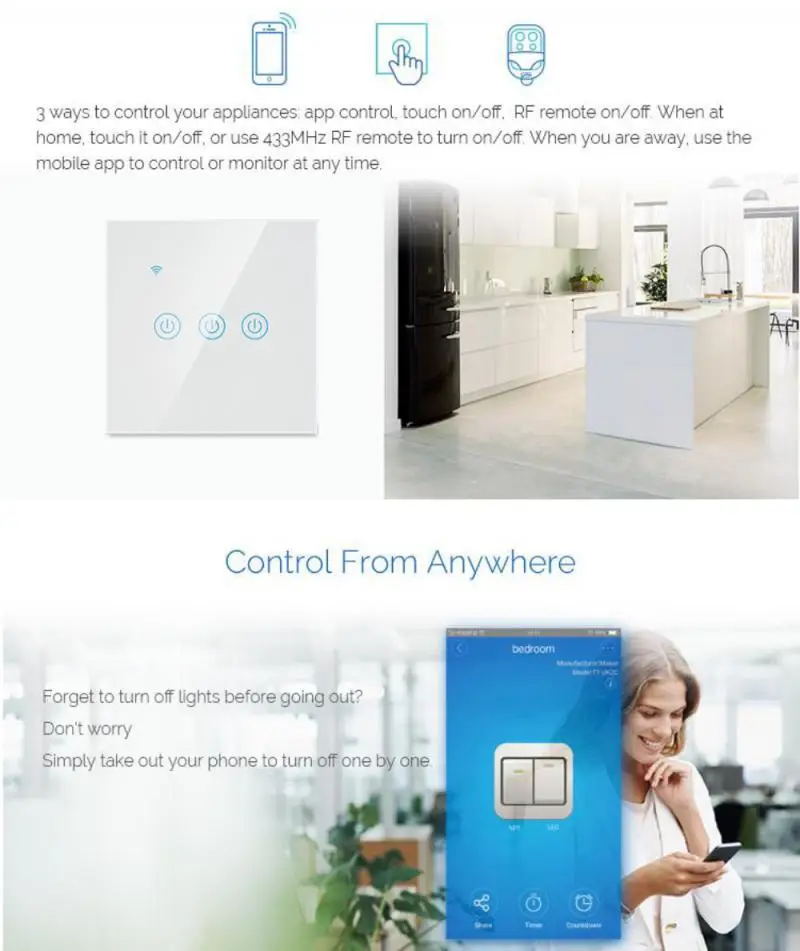 

1/2/3/4 Gang EWelink WiFi Smart EU Standard Touch Switch AC100-250V For Alexa/ Google Work With Zigbee App Remote Control