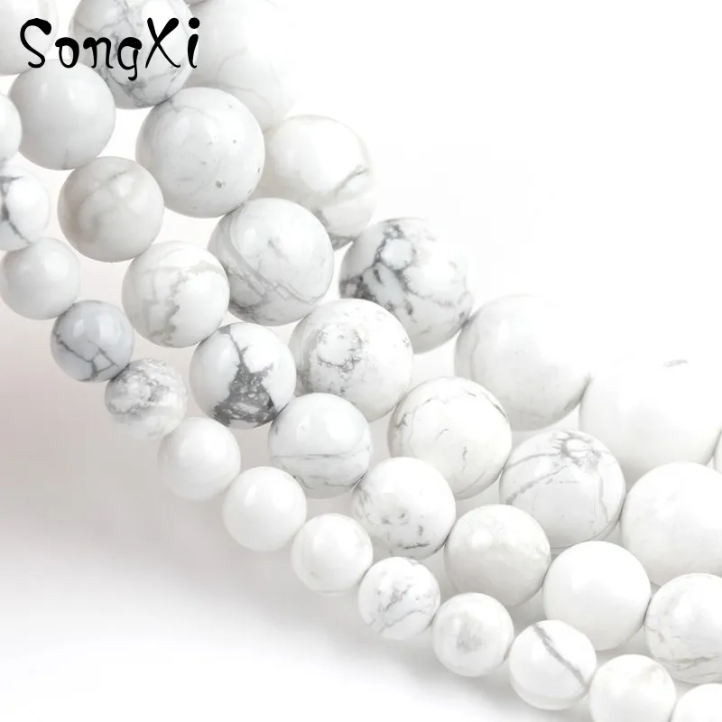 Круглые белые и бирюзовые говлит из натурального камня бисер для