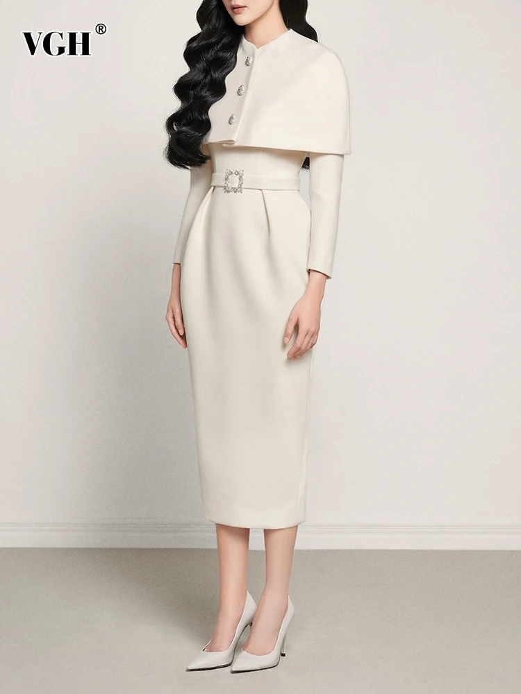 

VGH Solid Casual Two Piece Set For Women Round Neck Long Sleeve High Waist Sashes Dress Loose Shawl Female 2021 Autumn Clothing