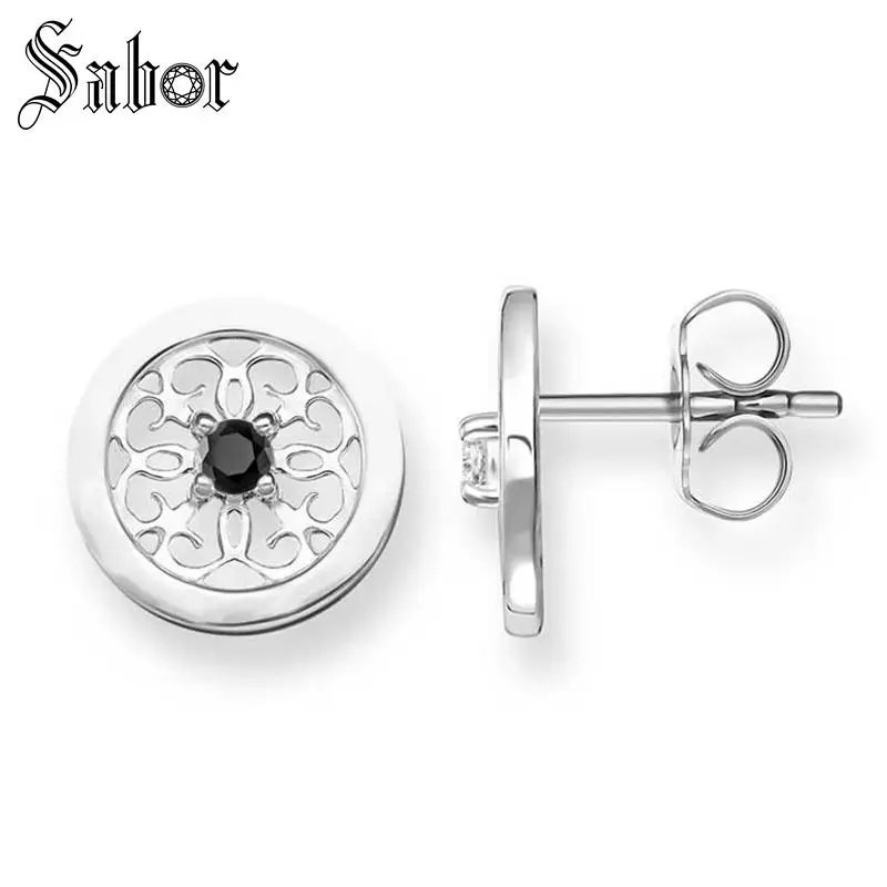 Серьги-гвоздики черный орнамент подарок для женщин серебряная сережка модные