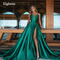 eightree royal green sleeveless deep v neck evening dresses sexy a line pleated satin floor length women party gowns dress