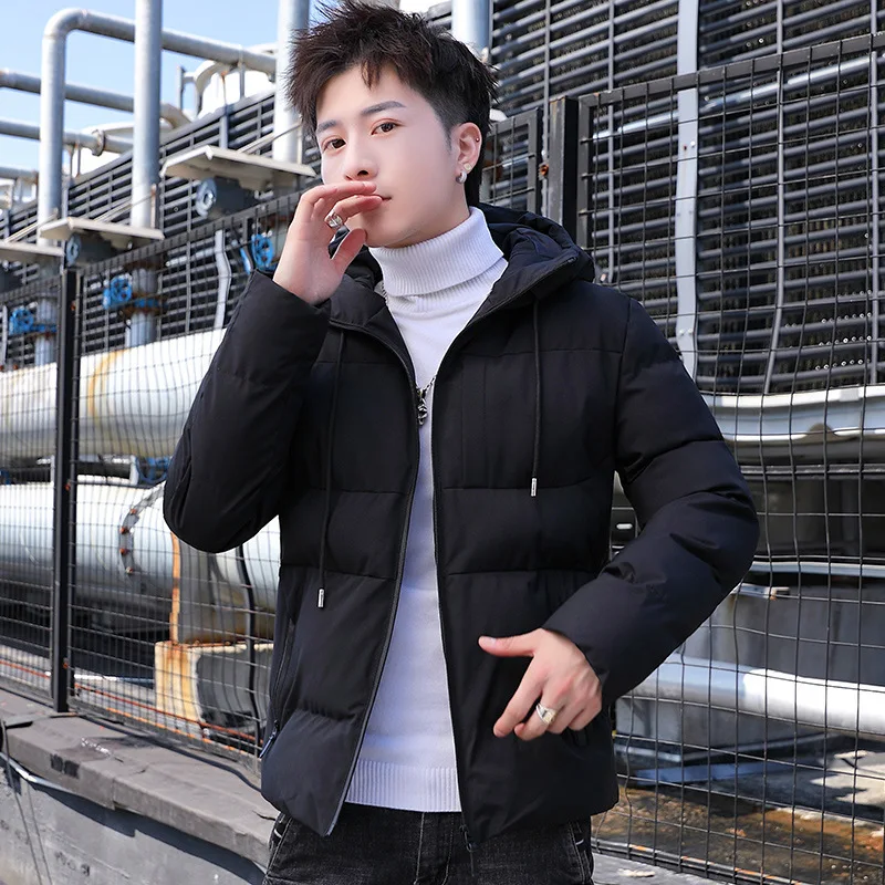 

Autumn Winter New Padded Jacket Men Korean Style Slim-Fit Clothing Tide Hooded Zipper Multi-Pocket Solid Color Outerwear Coat