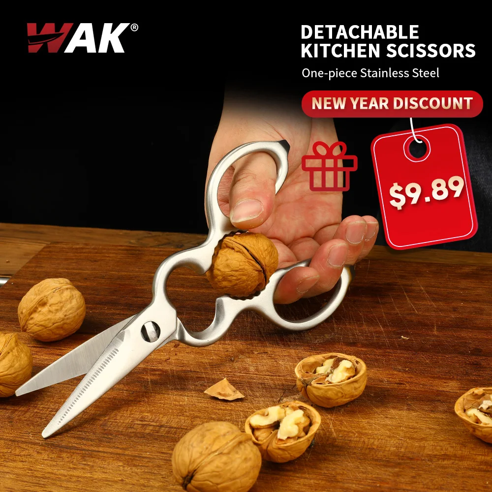 WAK-Tijeras de cocina multifuncionales, herramientas de acero inoxidable lavables para nueces, huesos de pollo y verduras, tijeras extra&iacute;bles-0