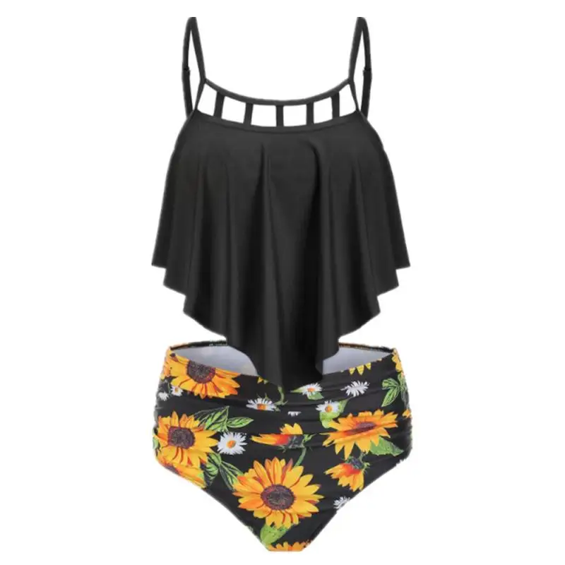 

Tankini Swimsuits High Waisted Tummy Control Floral Print Bottom Bathing Suits Ruffled Top Swimwear Two-Piece Swimming Suits