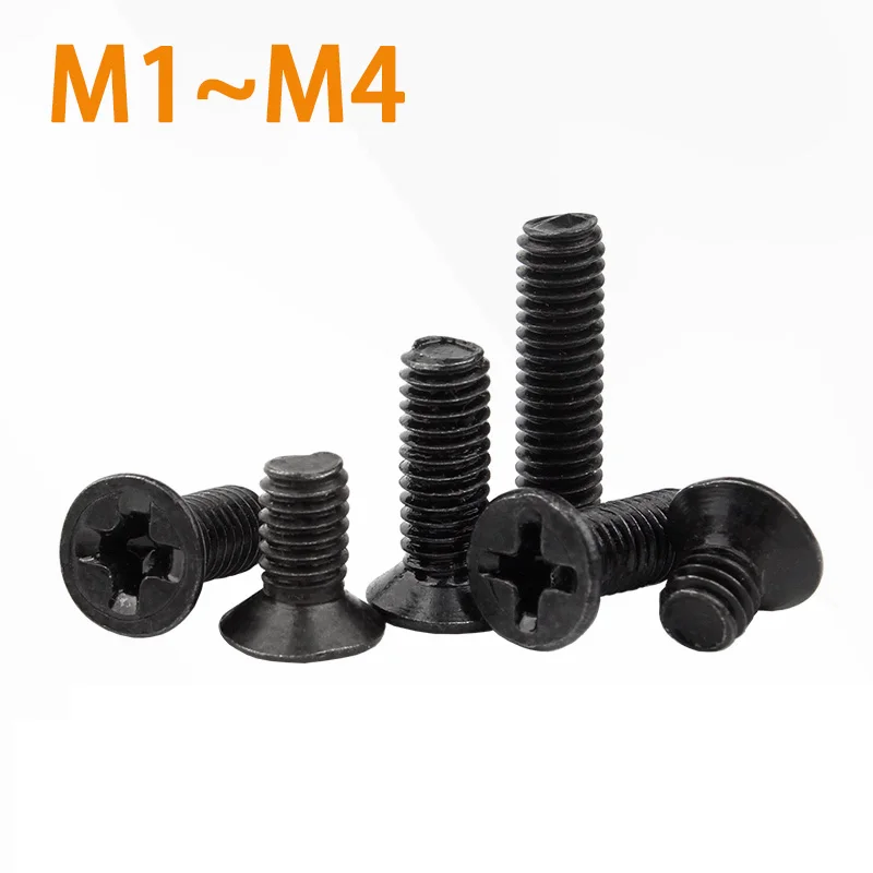 

50pcs M1M1.2M1.4 M1.6 M1.7M2 M2.5 M3 M3.5 M4 GB819 Mini Small Micro Black Steel Cross Phillips Flat Countersunk Head Screw Bolt