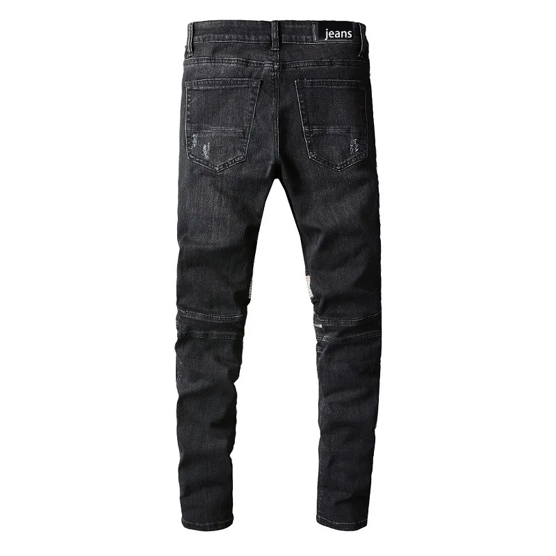 New Black Men's Casual Slim Jeans Fashion Stitching Punk High Street Style Slim-fit Small-Foot Jeans Trousers Autumn/Winter
