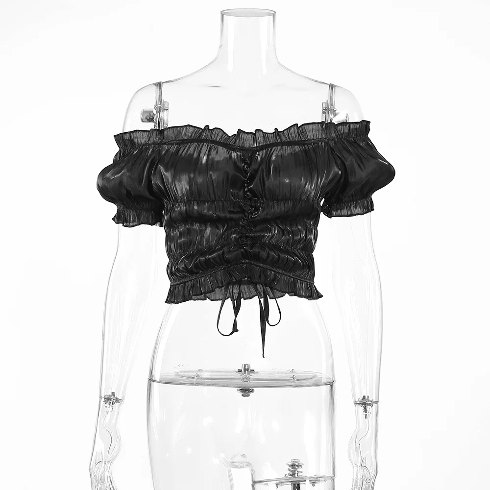 

European and American Summer New Wooden Ear Pleated Lace-up Sexy Navel Backless Black Pink T-shirt Casual Solid V-Neck Slim