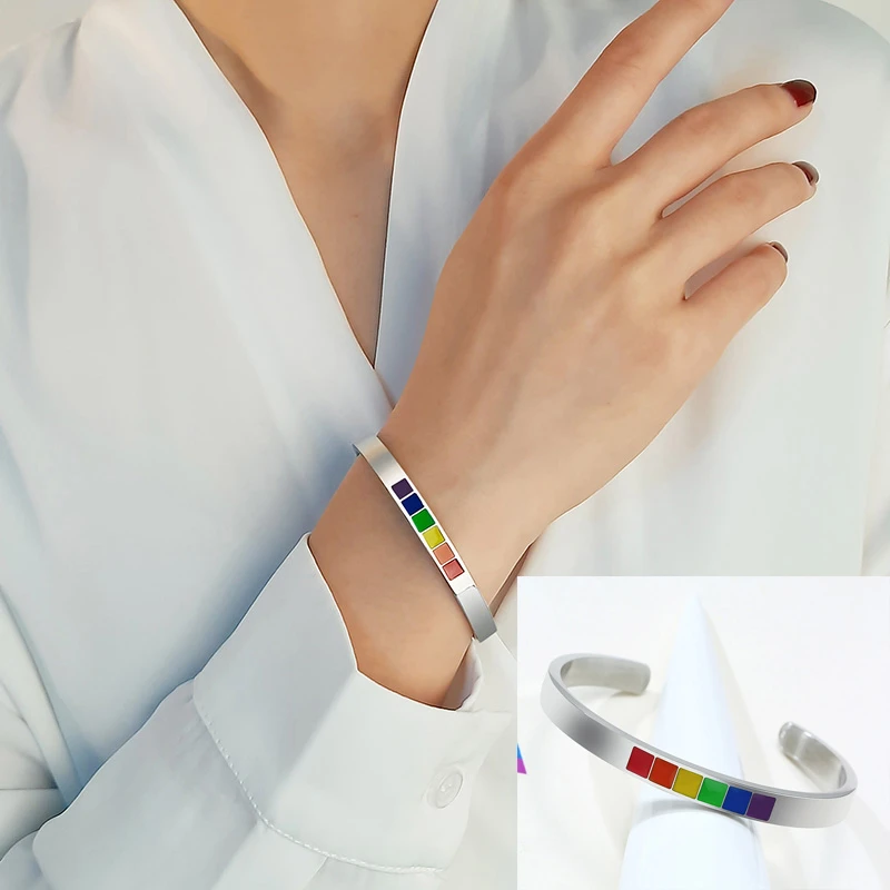 

Enamel Rainbow Cuff Bracelet Custom Stainless Steel Motivational Quote Name Date Bangles Gifts For Her His