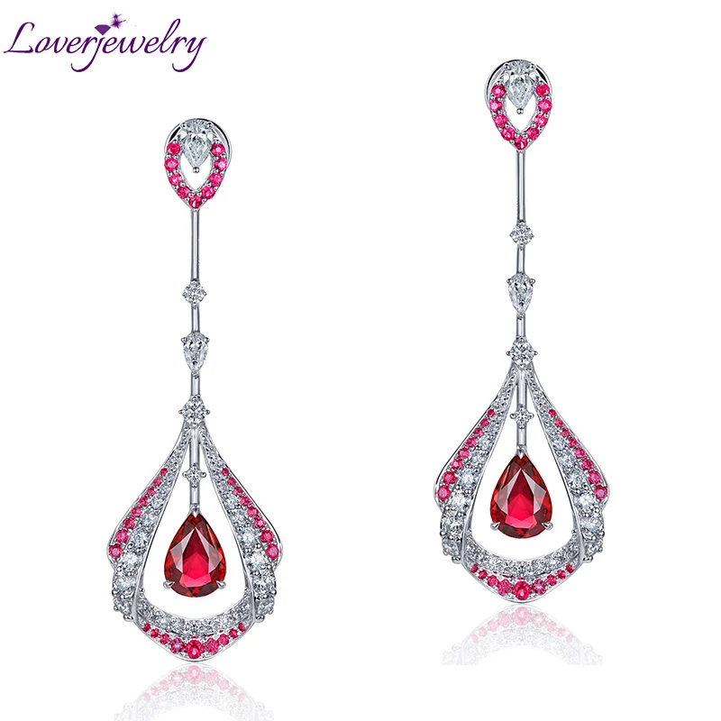 

LOVERJEWELRY Ruby Earrings Gold 18Kt Au750 White Pear Cut Ruby with 1.30Ct Diamonds Earrings Drop for Women Party Fine Jewelry