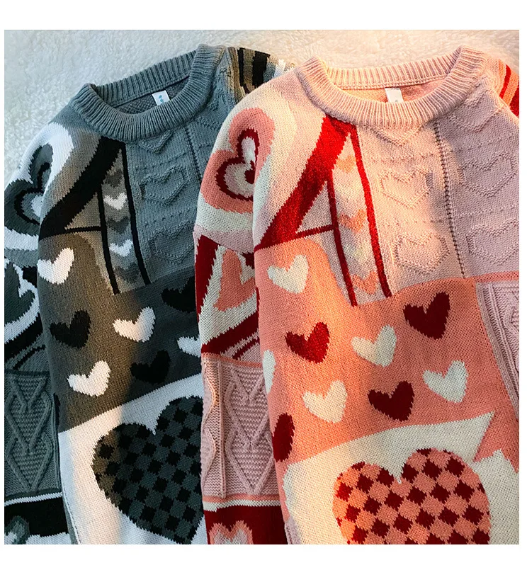 

Round neck Retro women clothes korean fashion Harajuku striped knit sweater Love couple outfit oversized sweater pullover