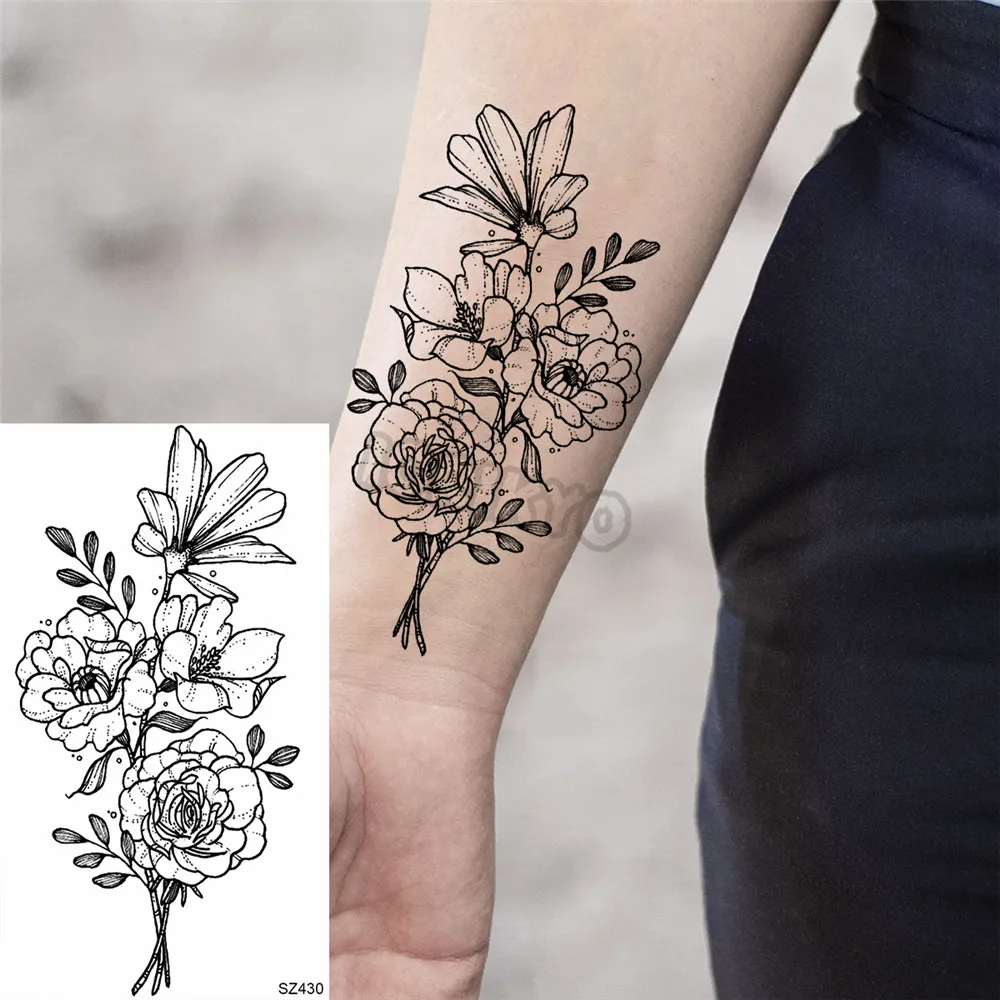 Pencil Sketch Dahlia Temporary Tattoos For Women Adults Outer Space Henna Fake Pendant Tattoo Sticker Sexy Clavicle Body Tatoos images - 6