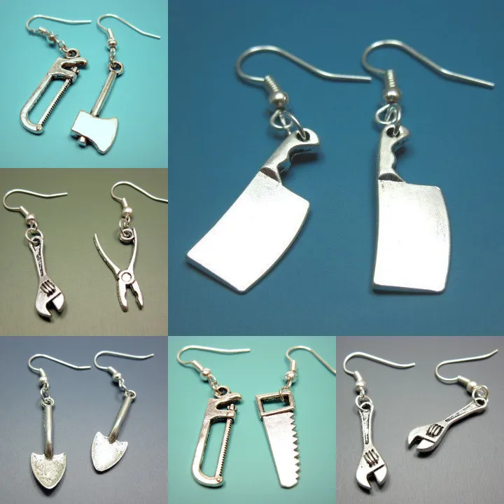 

Gothic Hammer saw shovel kitchen knife Earrings For Women man Personalizeds Mini tools Drop Earrings Girls Gift