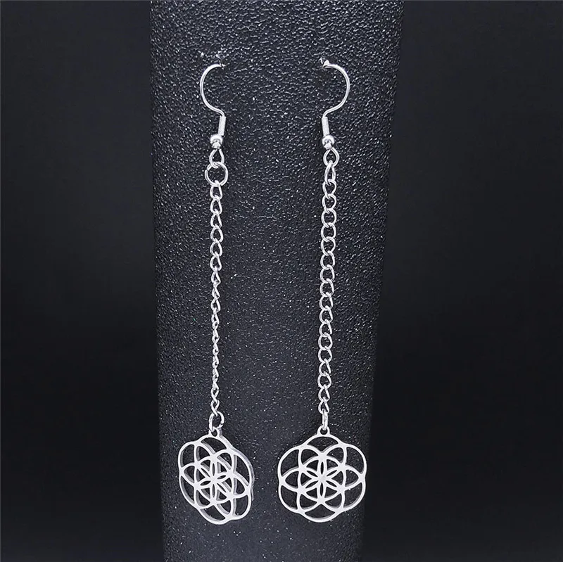 

2022 Flower of Life Sunflower Drop Earing Silver Color Long Earings Women Bohemia Jewelry boucles d oreille femme E3518S04