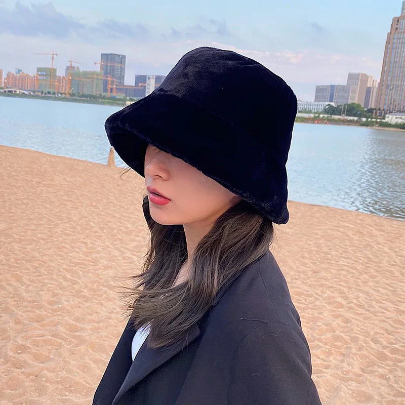 

Autumn and winter women's bucket hats sweet and lovely faux rabbit fisherman's hats warm solid color thickened basin hats