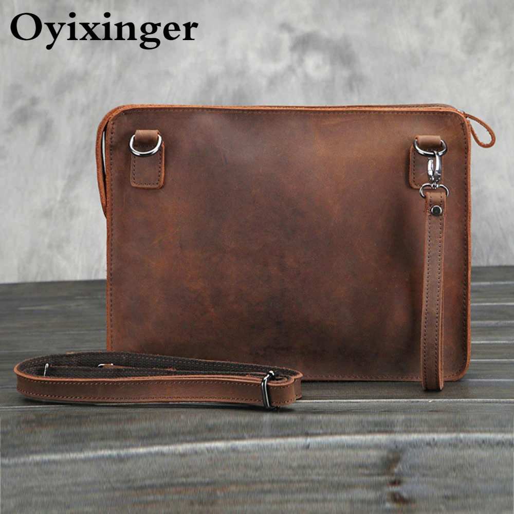 OYIXINGER Genuine Leather Laptop Briefcase Luxury Retro Shoulder Bag Male Top Quality Crazy Horse Laptop Bag For 13