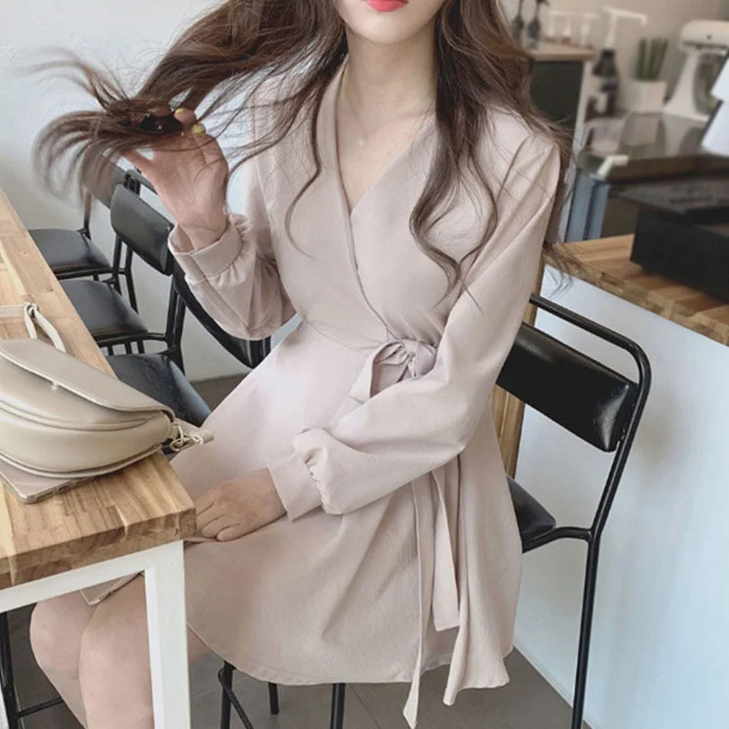 

Women's High-waist Cross-V-neck Dress Spring Autumn Long-sleeved Tie Solid Color Knee-length Dress