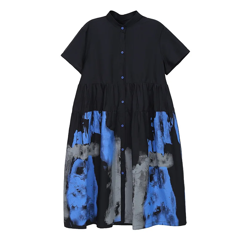 

Loose Fit Fashion Tide Spring Autumn Women Black Pattern Printed Dress New Stand Collar Short Sleeve