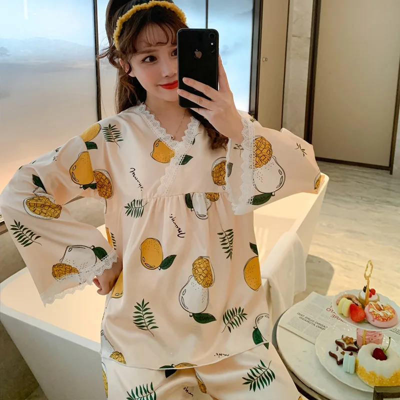 

Sleepwear Women Spring And Autumn Pajamas Sexy V-neck Thin Silky Satin Long Sleeve Home Service Sweet Two-piece Suit Nightwear