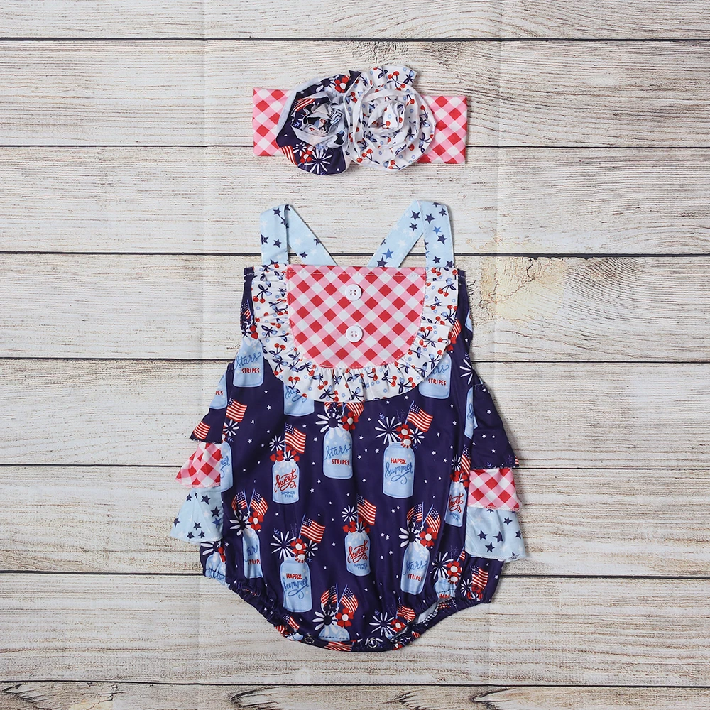 

New Fashion Boutique Girls July 4th Independence Day Sling Romper Blue Bottle Flag Baby Outfit Clothes