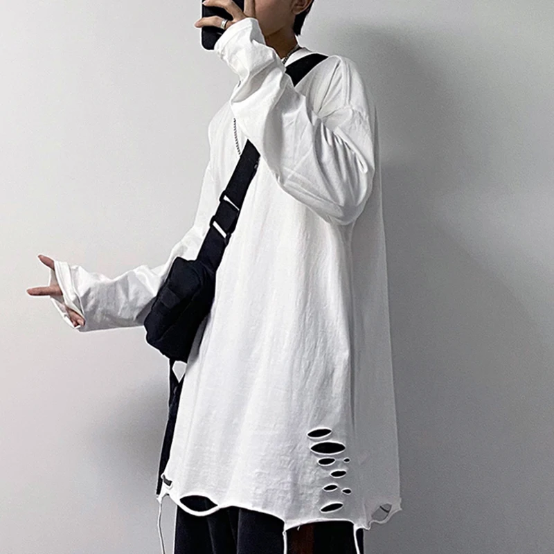 

Hem Ripped Hole Long Sleeve Men Tshirt White Black Fashion Autumn Clothes Hip Hop 2xl 3xl Oversized Punk Vintage Streetwear Tops