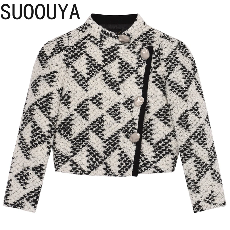 

[SUOOUYA] Women Long Sleeve Loose Vintage Plaid Pattern Short Jacket New Stand Collar Coat Fashion Spring Autumn Coats 2021