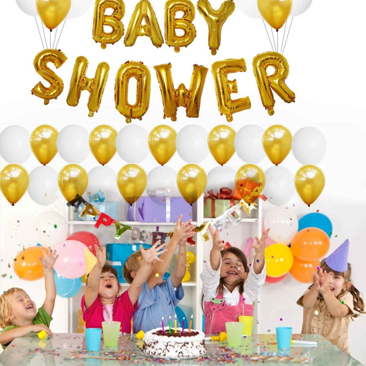 

Gold Baby Shower Decor Kit Aluminum Film & Latex Balloons Party Supplies Backdrop