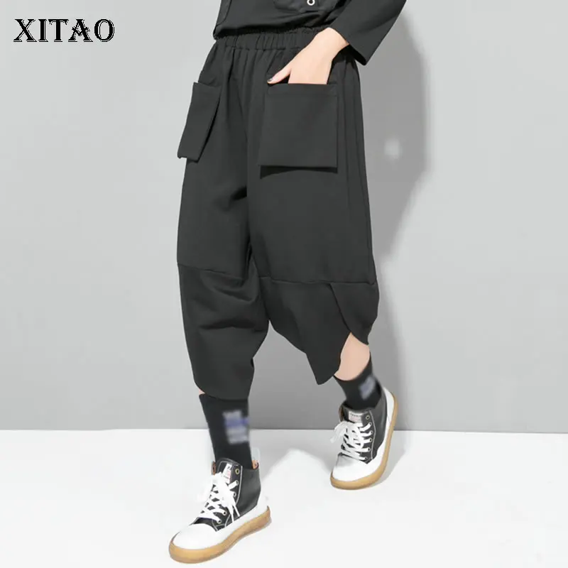 XITAO рюшами нерегулярные черный по щиколотку штаны Для женщин мода осень комплект пуловер+ кожаная юбка брюки с широкими штанинами WLD2717