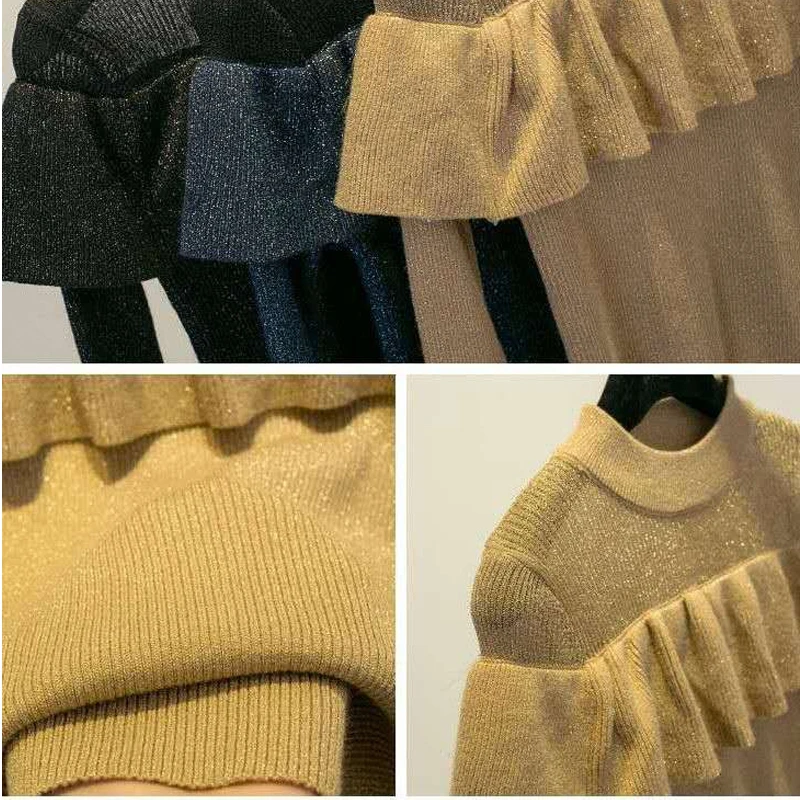 

New Autumn Women Knitted T-Shirts 2020 Women Ruffles Loose Sweaters Long Sleeve Female Tops Lace Patchwork Elegant Tees Sweater