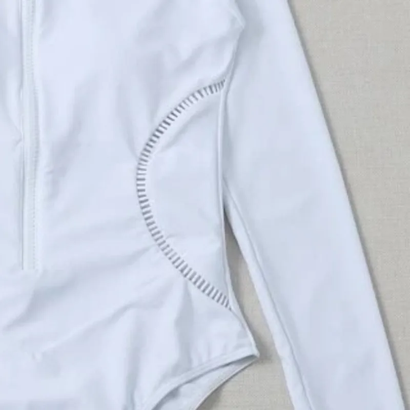 

White Solid Color One-Piece Swimsuit Long Sleeve Swimwear Sports Women's Swimming Bathing Suit Beach Bather Surfing Swim Wear