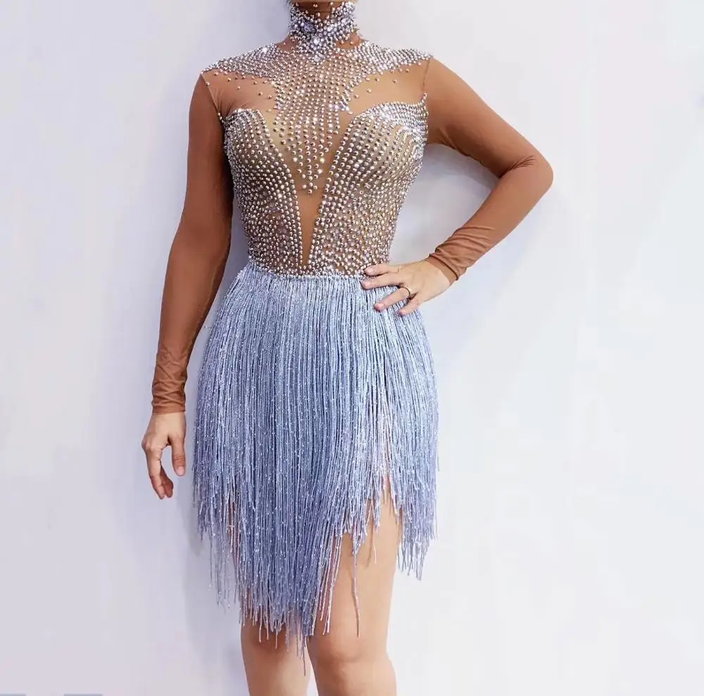 Female Singer Dancer Shining Rhinestones Fringes Bodysuit Dance Costume Fashion Birthday Club Party Tassel Transparent Bodysuits | Женская
