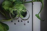 blacksilver plated monstera earrings plant earrings handmade dangle earrings