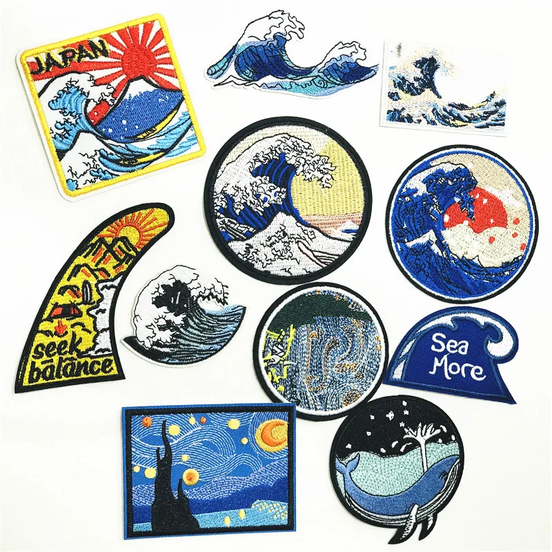 Нашивка с вышивкой японская картина Большая волна в канагаве восход горы 1 шт. |