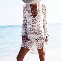 crochet summer beach dress cover up sexy hollow out mesh knitted tunic swimsuit coverup womens beach sarong robe de plage a33