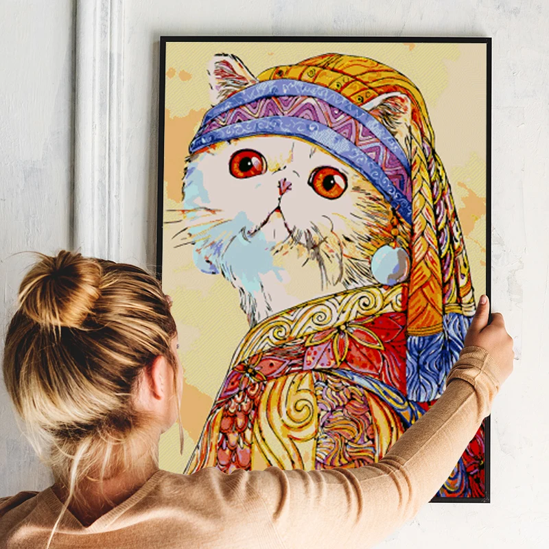 

DIY Diamond Painting Animal A Cat with Earrings Diamond Embroidery Mosaic Full Round Rhinestones Sale Pictures Home Decor Art