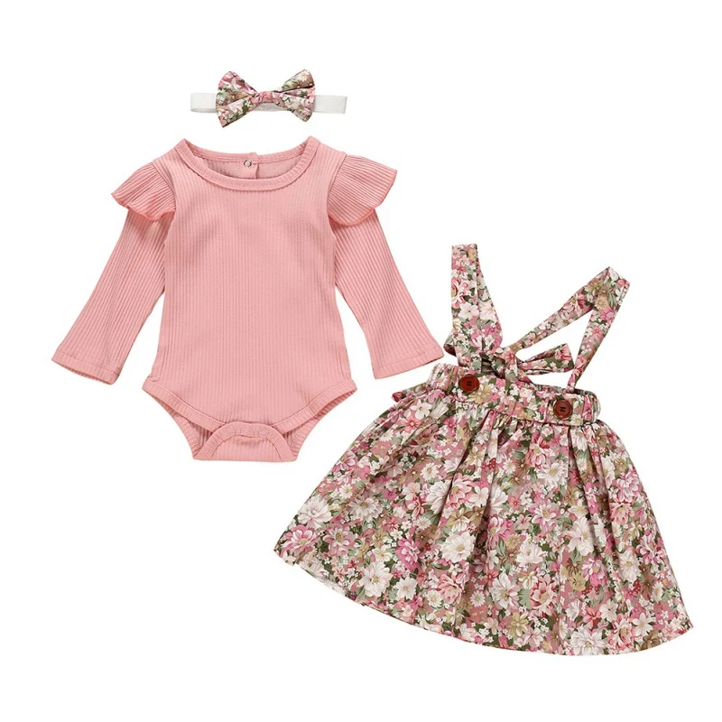 2020 3Pcs Baby Girl Clothes Set Long Sleeve Romper Tops Floral Strap Skirt Headband Sets 0-24M | Детская одежда и обувь