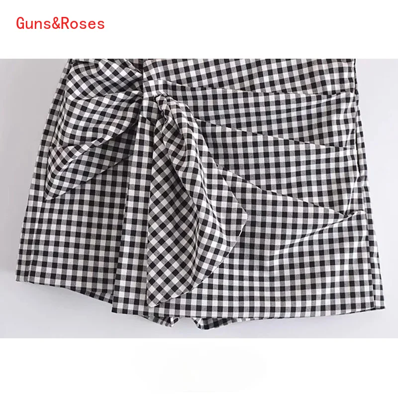 

Women Chic Fashion With Knot Pleated Plaid Shorts Skirts Vintage High Waist Side Zipper Female Skort Mujer