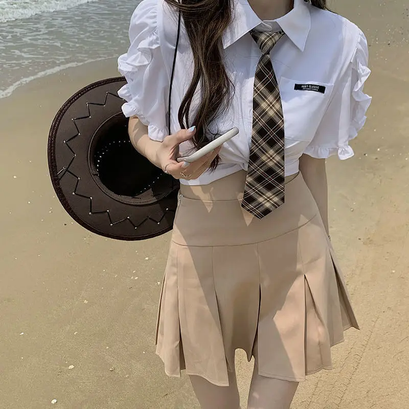 

HOUZHOU Vintage Blouses Women Kawaii Ruffle Short Sleeve White Tops with Tie Summer Korean Fashion Preppy Style Shirt for Girl