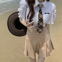 houzhou vintage blouses women kawaii ruffle short sleeve white tops with tie summer korean fashion preppy style shirt for girl