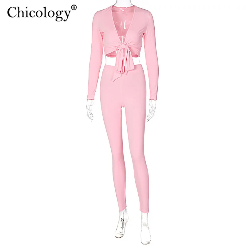 Chicology lace up sexy two piece matching set long sleeve top pants 2 pc club outfits women 2020 winter fall birthday clothes |