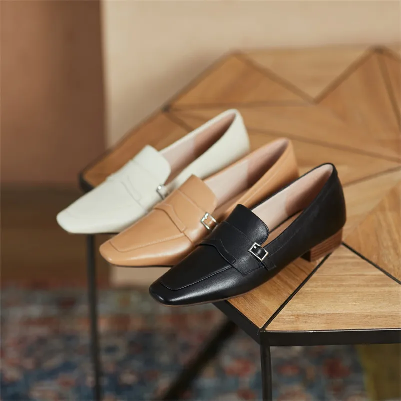

Meotina Genuine Leather Square Toe Loafers Shoes Low Heels Women Pumps Buckle Slip On Chunky Heels Casual Footwear Spring 34-40