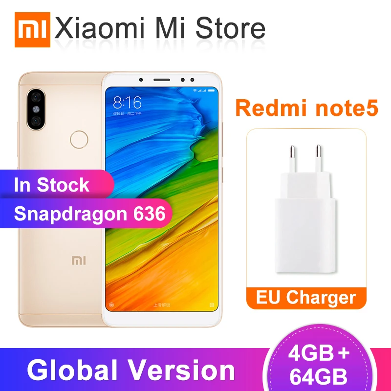 Глобальная версия Xiaomi Redmi Note 5 4GB 64GB Snapdragon 636 Octa, четыре ядра, смартфон с функцией отпечатков пальцев(5,99 дюйма, разрешение Full Экран двойной Камера 4000 мА-ч