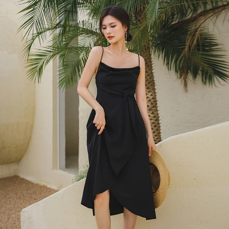 

Женские платья Hebe & Eos, новинка 2021, элегантное сексуальное платье на бретелях-спагетти без рукавов, однотонное модное платье, платья во франц...