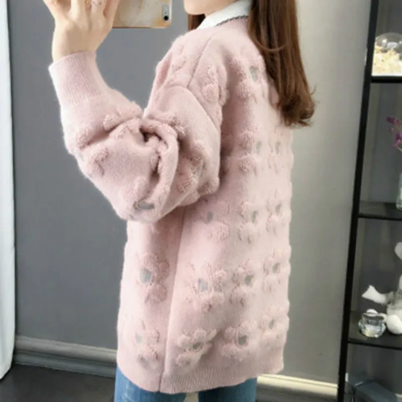 Knit Cardigan Sweater 2021 Spring Autumn New Loose Casual V Collar Lantern Sleeves Lazy Wind Hook Flower Women Y192 |