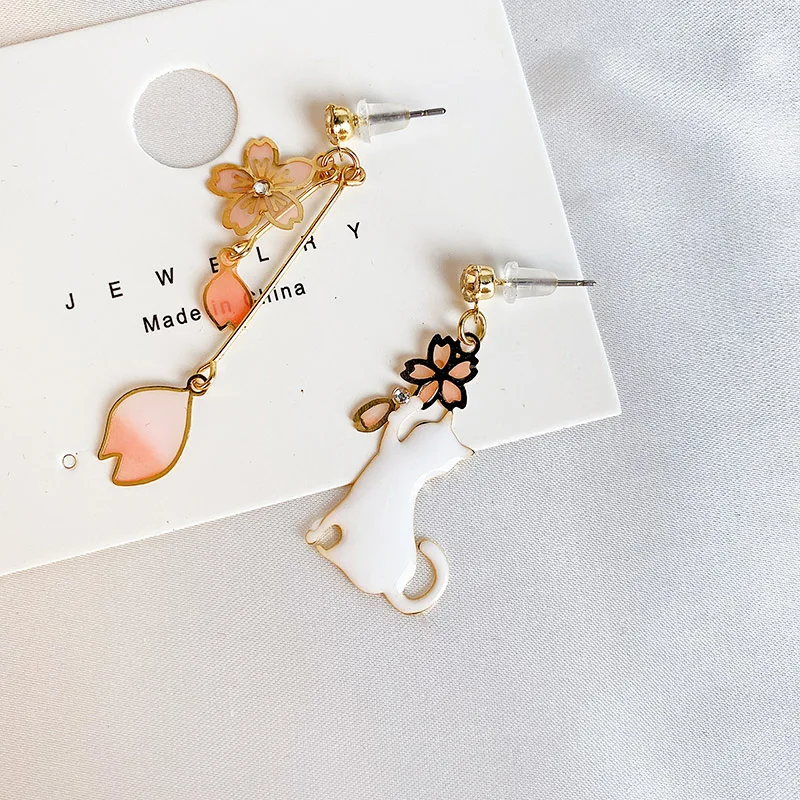 Женские Длинные сверкающие серьги с кулоном Sakura милые ассиметричные в виде кота